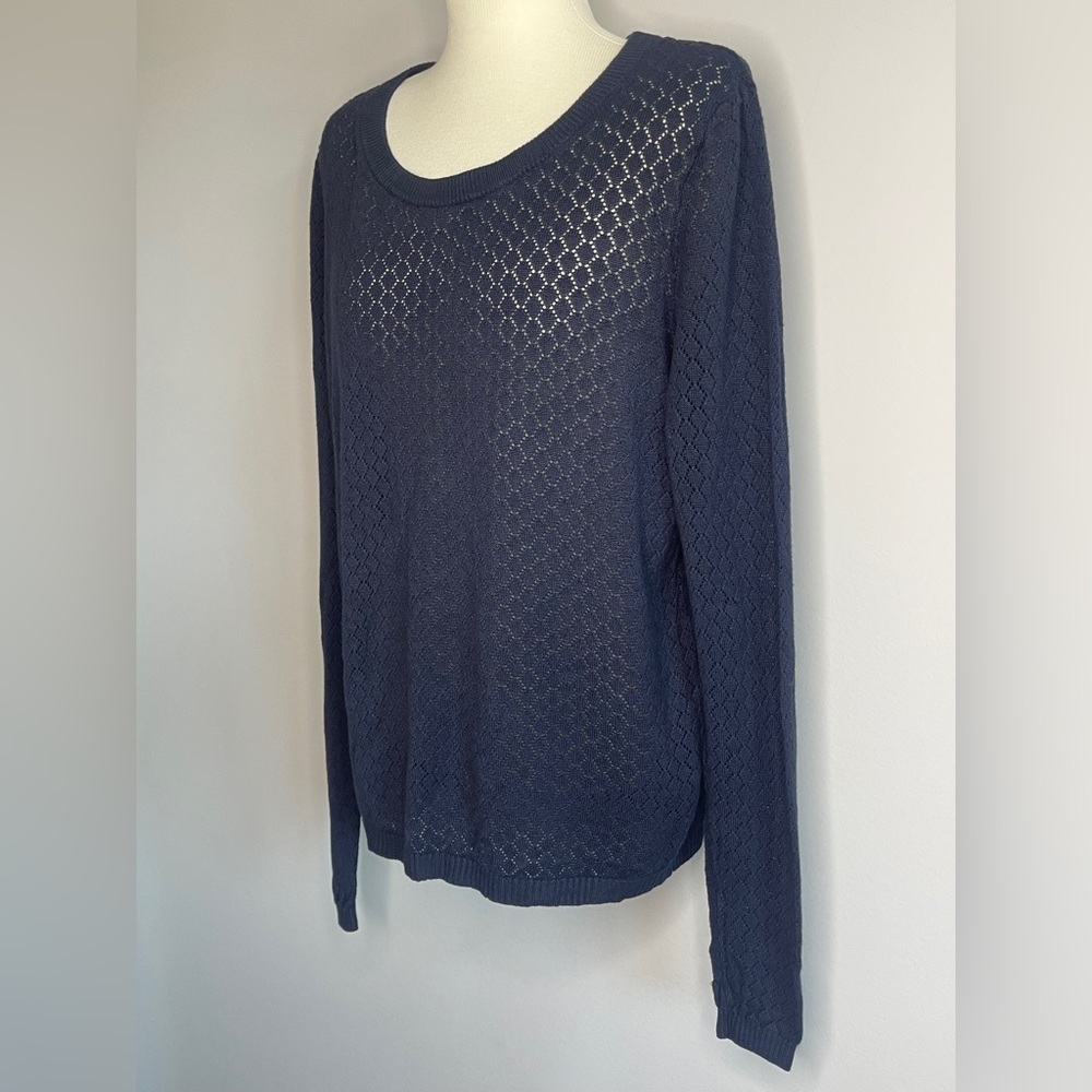ICHI Ally LS Navy Blue Pointelle Knit Sweater - Size Medium - Picture 2 of 10